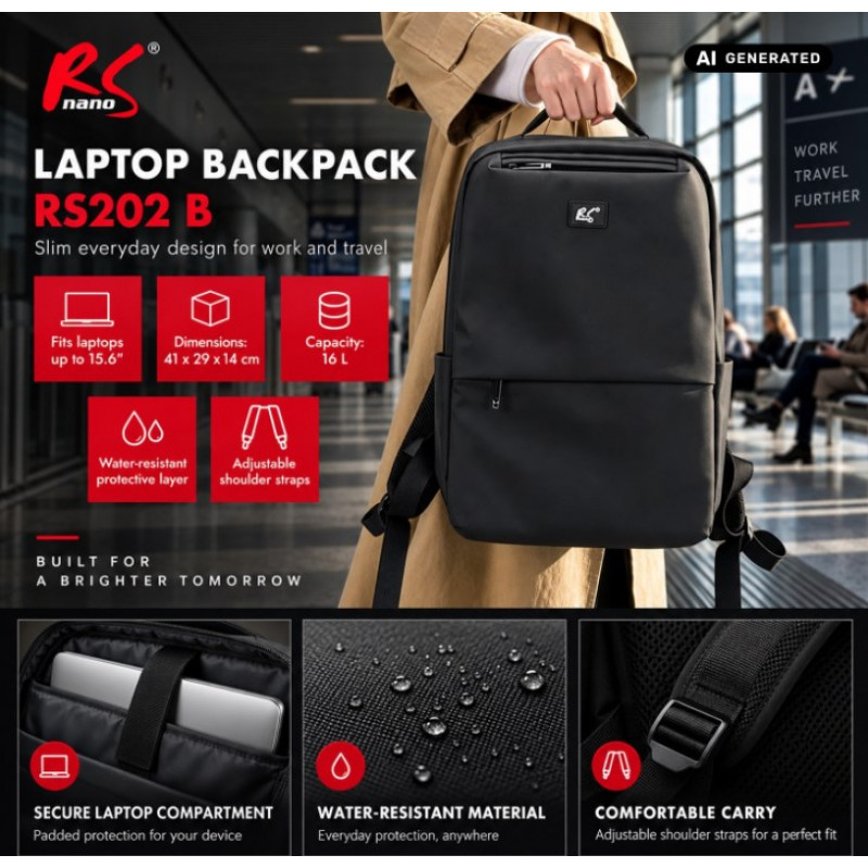 NanoRS RS202 B Laptop Backpack 15.6", Black, 41x29x4, Waterproof