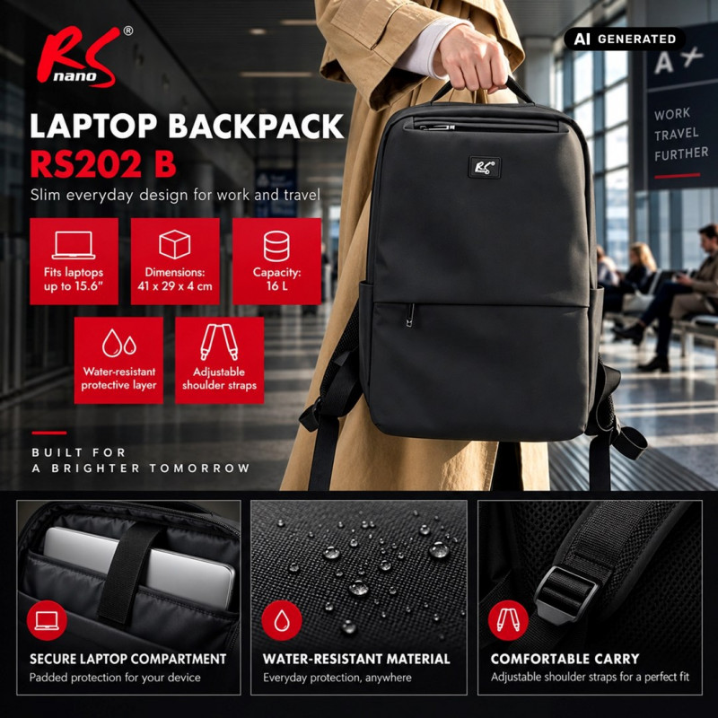 NanoRS RS202 B Laptop Backpack 15.6", Black, 41x29x4, Waterproof