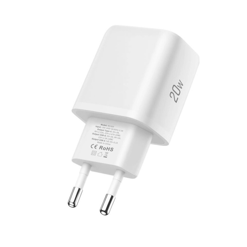 Tech-Protect NCA20 USB-A, USB-C Wall Charger PD 20W / QC3.0, White
