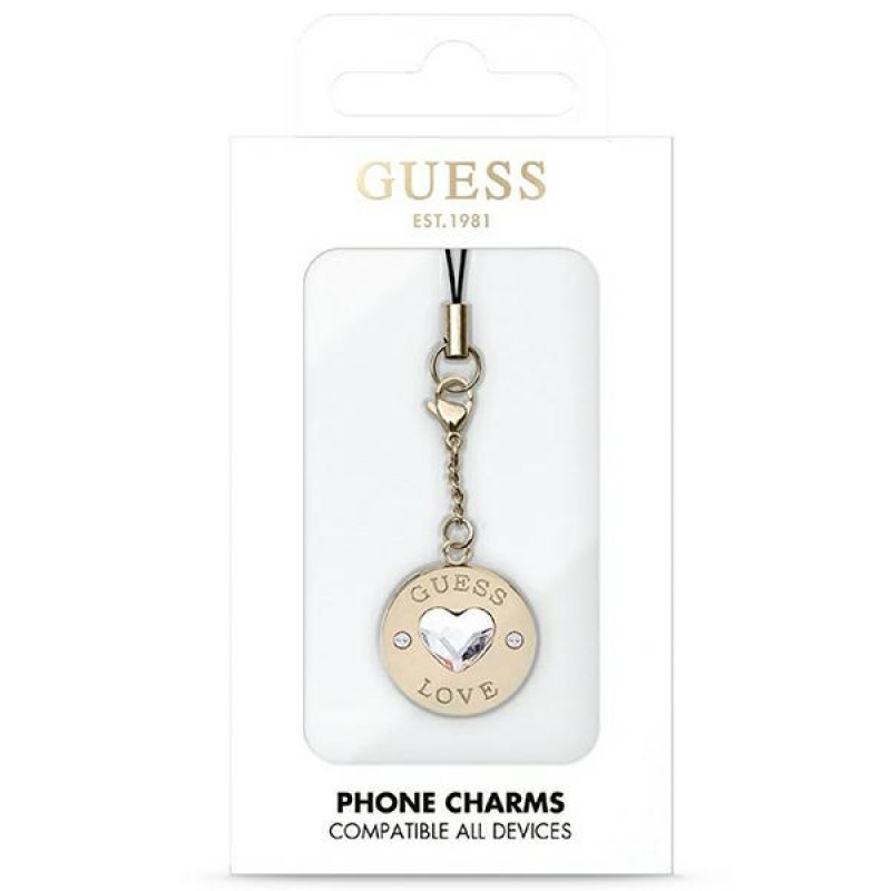 Guess GUCPMHGLD Heart Diamond Charm Phone Strap with Rhinestones, gold