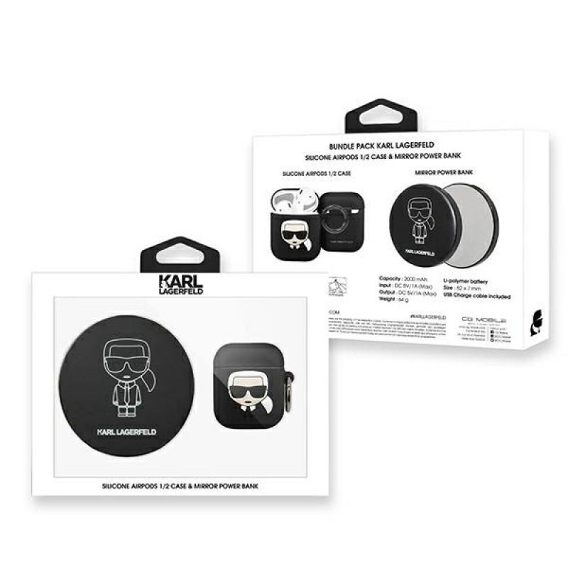 Karl Lagerfeld Ikonik Silicone Case for AirPods 1/2 with 2000 mAh Power Bank, black