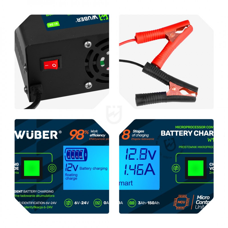Wuber W14019 Microprocessor Battery Charger, 6/8/12/14/16/24 V, 10 A