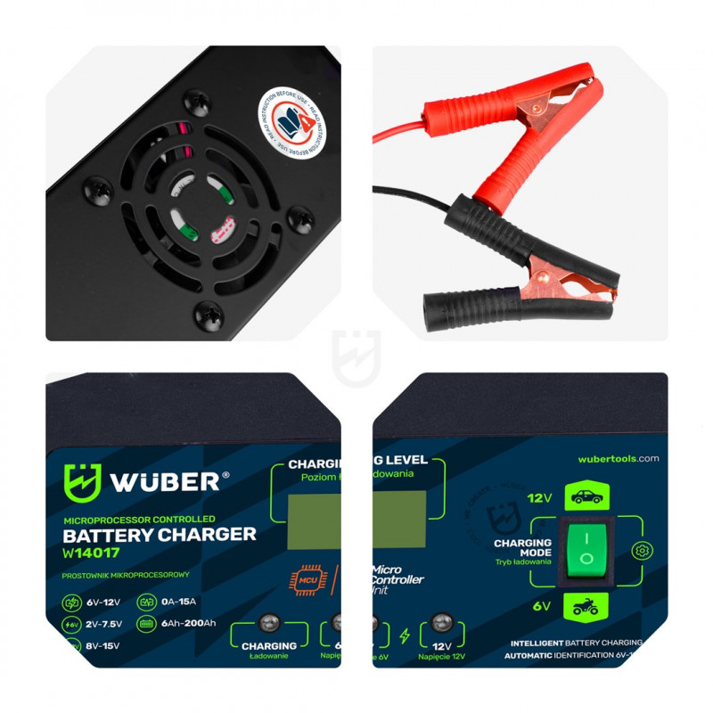 Wuber W14017 Microprocessor Battery Charger, 6-12 V, 15 A
