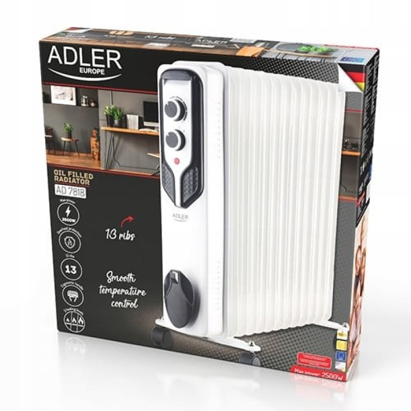 Adler AD 7818 Oil-Filled Radiator, 2500 W, 3 power levels, 13 fins, white