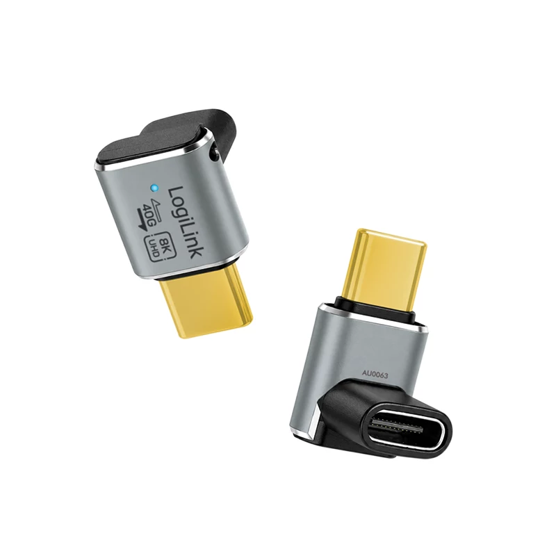 LogiLink AU0063 USB 4 Type-C adapter 90° U/D, C/M to C/F, 40 Gbps, 240W, 8K/60 Hz, metal, silver