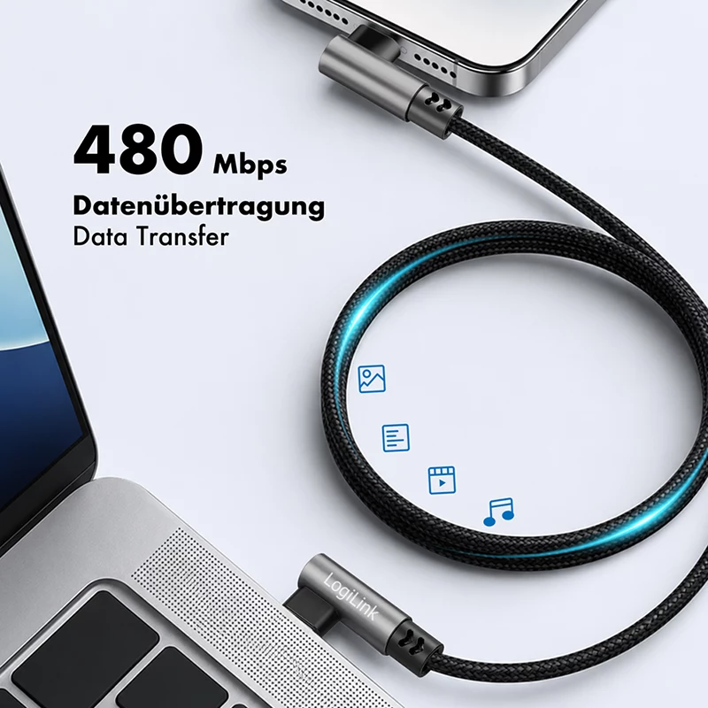 LogiLink CU0462 USB 2.0 Type-C cable, C/M 90° to C/M 90°, 480 Mbps, 100W, metal, silver/black, 2 m