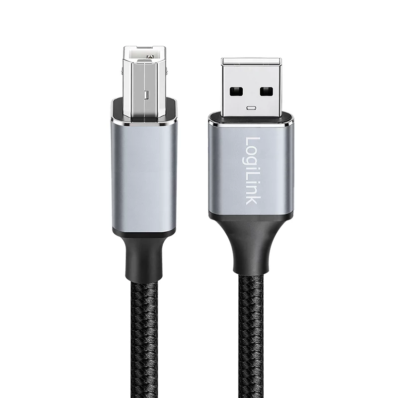Logilink CU0107 USB 2.0 cable, USB-A/M to USB-B/M, 480 Mbps, nylon, metal, black/silver, 2 m
