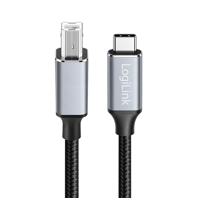 Logilink CU0515 USB 2.0 Type-C cable, C/M to B/M, 480 Mbps, nylon, metal, black/silver, 2 m