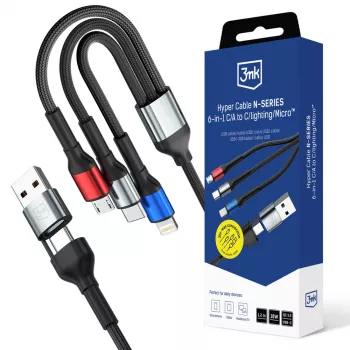 3MK Hyper Cable N-SERIES 6in1 USB-C / USB-A to USB-C / MicroUSB / Lightning Cable, QC 3.0, 18 W (9 V / 2 A), 1.2 m, Black