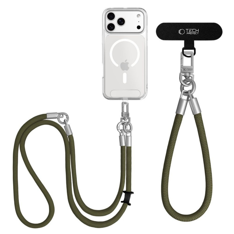 Tech-Protect C10S Rope Crossbody & Wrist Phone Strap Set, Olive Green/Titanium
