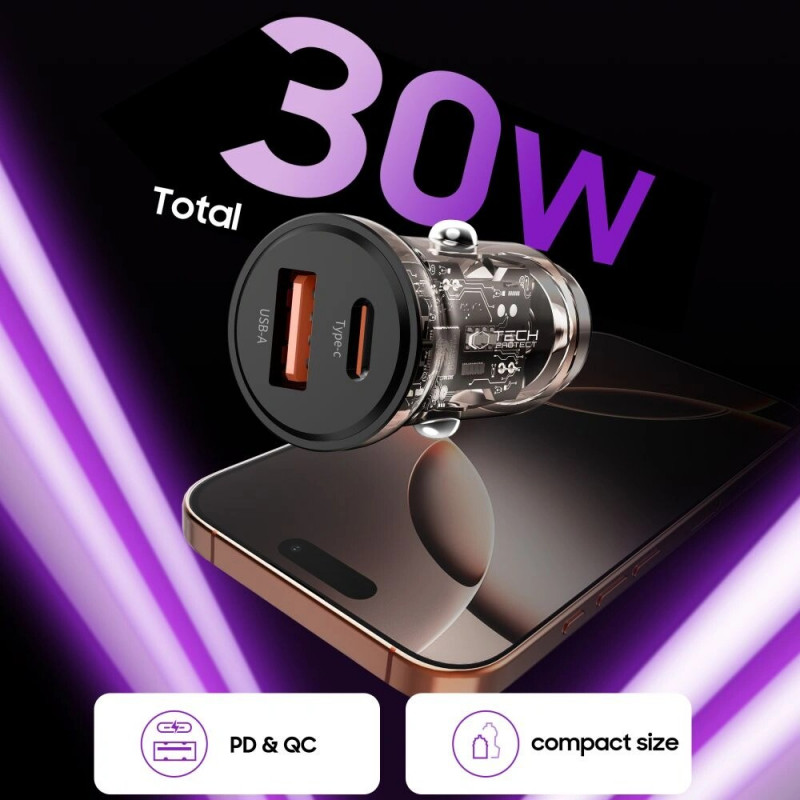 Tech-Protect CC01 2-Port Car Charger USB-A / USB-C, PD 30W / QC 3.0, Black