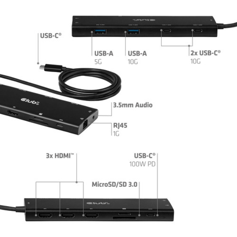 Club 3D CSV-2556 USB-C 12-in-1 hub, 3x HDMI/3x USB-C/USB/LAN, 8K30Hz, PD 140W
