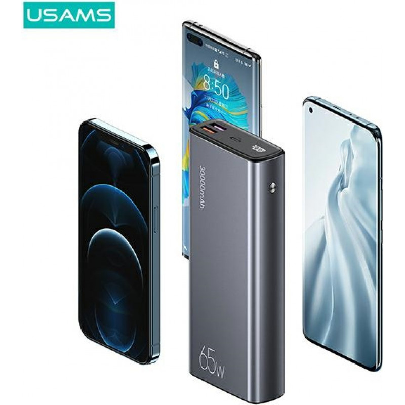 USAMS PB59 US-CD165 Power Bank 30000 mAh, 65 W, 2x QC3.0 + PD, black, with USB-C to USB-C cable