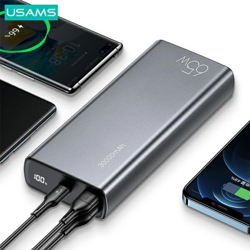 USAMS PB59 US-CD165 Power Bank 30000 mAh, 65 W, 2x QC3.0 + PD, black, with USB-C to USB-C cable