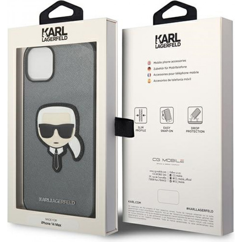 Karl Lagerfeld KLHCP14SSAPKHG Hardcase for Apple iPhone 14, Saffiano Karl's Head Patch, silver