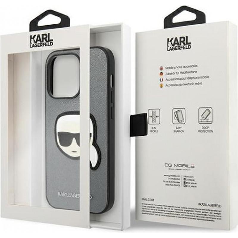 Karl Lagerfeld KLHCP14XSAPKHG Hardcase for Apple iPhone 14 Pro Max, Saffiano Karl's Head Patch, silver