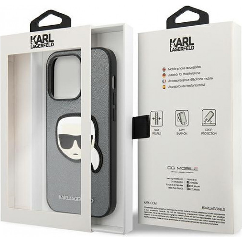 Karl Lagerfeld KLHCP14LSAPKHG Hardcase for Apple iPhone 14 Pro, Saffiano Karl's Head Patch, silver