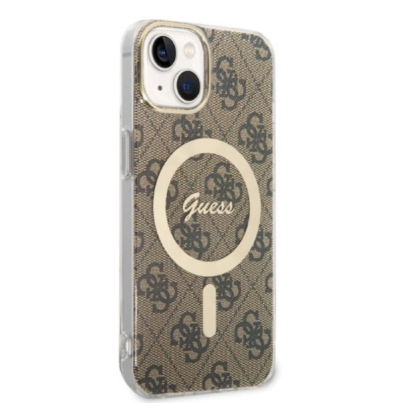Guess GUBPP14MH4EACSW Case + Wireless Charger Apple iPhone 14 Plus / iPhone 15 Plus Brown Hardcase, 4G Print, MagSafe