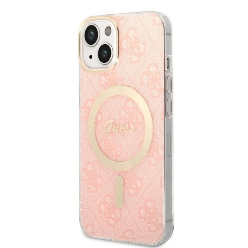 Guess GUBPP14MH4EACSP Case + Wireless Charger Apple iPhone 14 Plus / iPhone 15 Plus Pink Hardcase, 4G Print, MagSafe