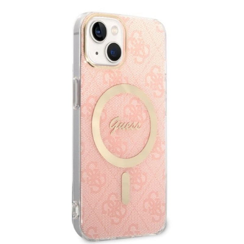 Guess GUBPP14MH4EACSP Case + Wireless Charger Apple iPhone 14 Plus / iPhone 15 Plus Pink Hardcase, 4G Print, MagSafe