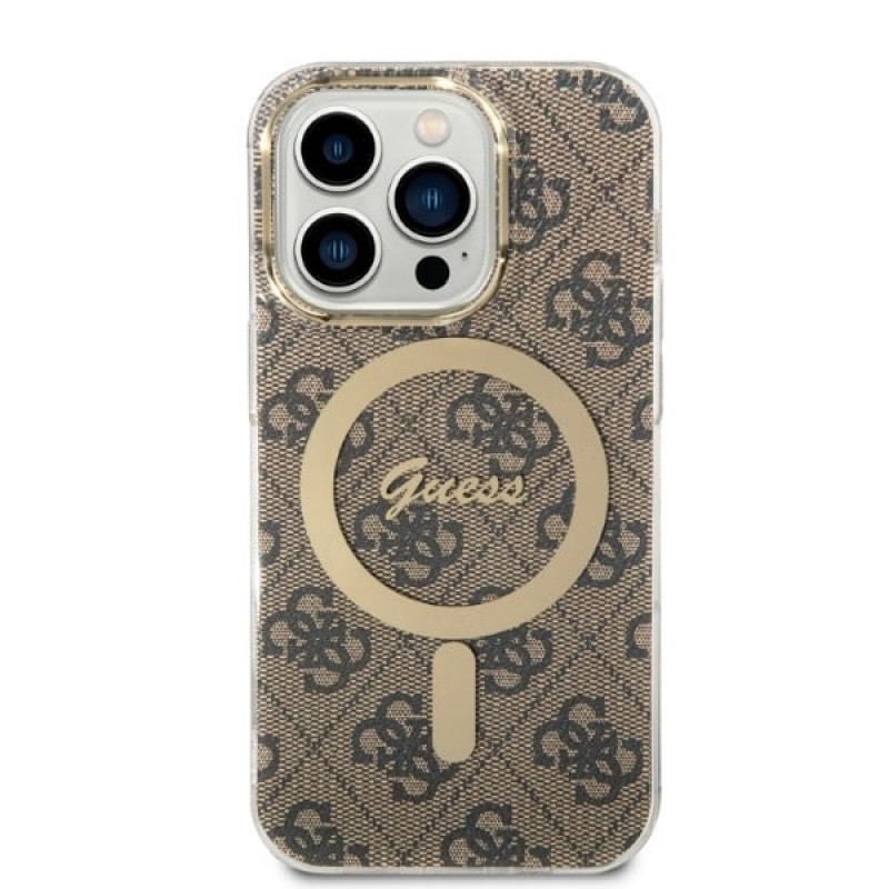 Guess GUBPP14LH4EACSW Case + Wireless Charger Apple iPhone 14 Pro Brown Hardcase, 4G Print, MagSafe