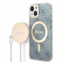 Guess GUBPP14MH4EACSB Case + Wireless Charger Apple iPhone 14 Plus / iPhone 15 Plus Blue Hardcase, 4G Print, MagSafe