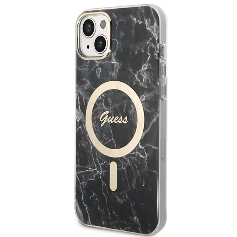Guess GUBPP14MHMEACSK Case + Wireless Charger Apple iPhone 14 Plus / iPhone 15 Plus Black Hardcase, Marble, MagSafe