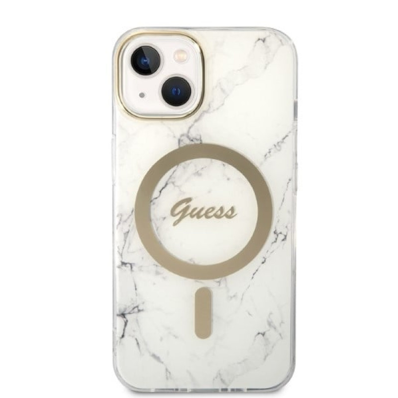 Guess GUBPP14MHMEACSH Case + Wireless Charger Apple iPhone 14 Plus / iPhone 15 Plus White Hardcase, Marble, MagSafe