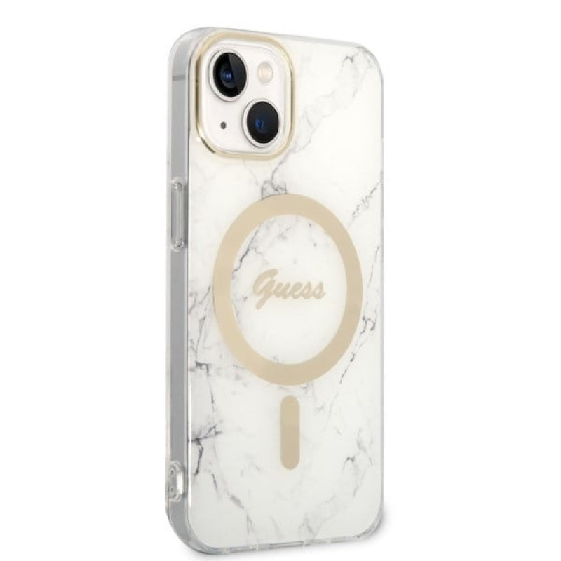 Guess GUBPP14MHMEACSH Case + Wireless Charger Apple iPhone 14 Plus / iPhone 15 Plus White Hardcase, Marble, MagSafe