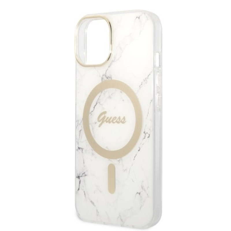 Guess GUBPP14MHMEACSH Case + Wireless Charger Apple iPhone 14 Plus / iPhone 15 Plus White Hardcase, Marble, MagSafe