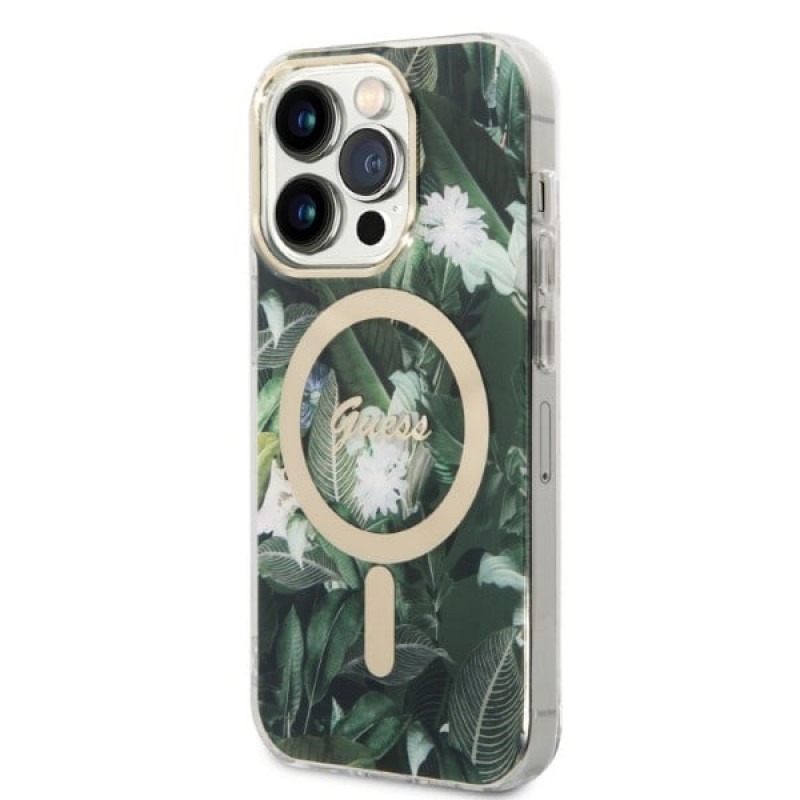 Guess GUBPP14XHJEACSA Case + Wireless Charger for Apple iPhone 14 Pro Max, Jungle, green hard case, MagSafe