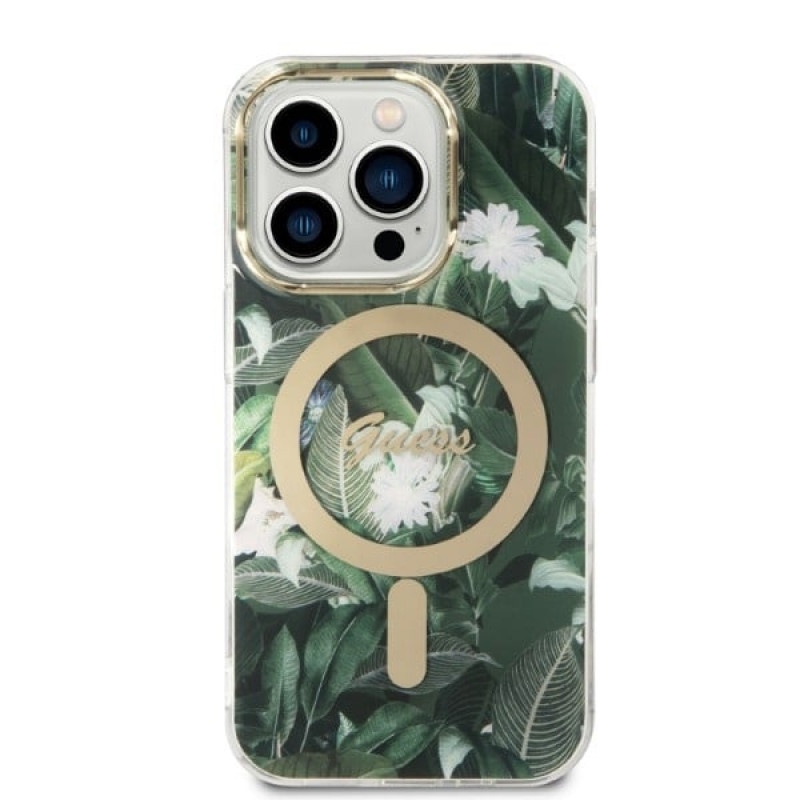 Guess GUBPP14XHJEACSA Case + Wireless Charger for Apple iPhone 14 Pro Max, Jungle, green hard case, MagSafe
