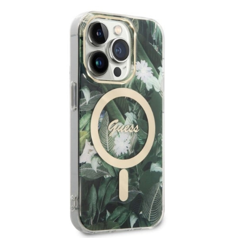 Guess GUBPP14XHJEACSA Case + Wireless Charger for Apple iPhone 14 Pro Max, Jungle, green hard case, MagSafe