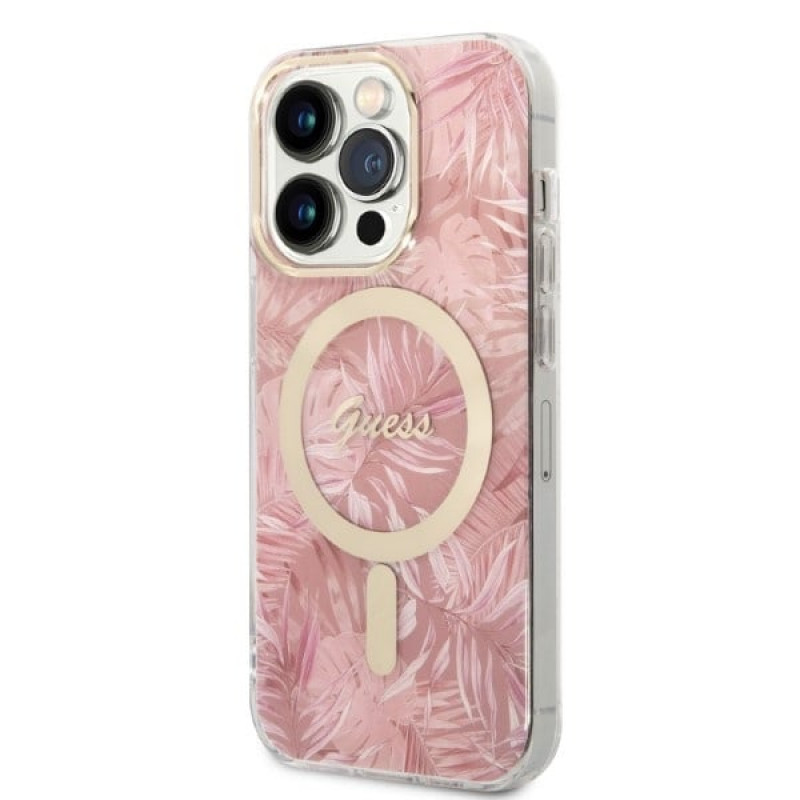 Guess GUBPP14LHJEACSP Case + Wireless Charger for Apple iPhone 14 Pro, Jungle, pink hard case, MagSafe