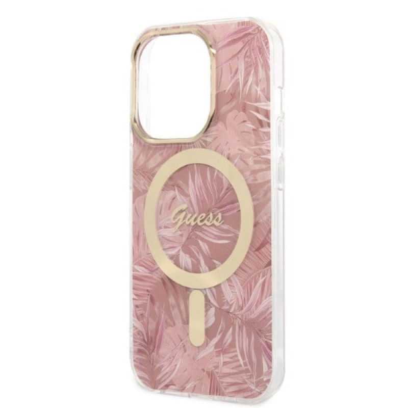 Guess GUBPP14LHJEACSP Case + Wireless Charger for Apple iPhone 14 Pro, Jungle, pink hard case, MagSafe