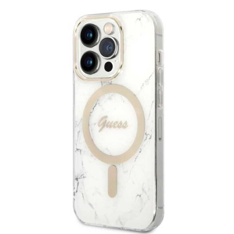 Guess GUBPP14LHMEACSH Case + Wireless Charger Apple iPhone 14 Pro White Hardcase, Marble, MagSafe