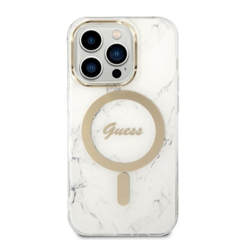 Guess GUBPP14LHMEACSH Case + Wireless Charger Apple iPhone 14 Pro White Hardcase, Marble, MagSafe