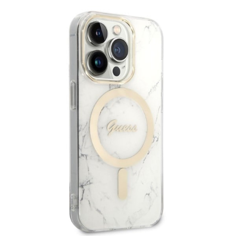 Guess GUBPP14LHMEACSH Case + Wireless Charger Apple iPhone 14 Pro White Hardcase, Marble, MagSafe