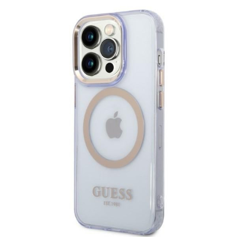 Guess GUHMP14XHTCMU Apple iPhone 14 Pro Max purple hard case, Gold Outline Translucent, MagSafe