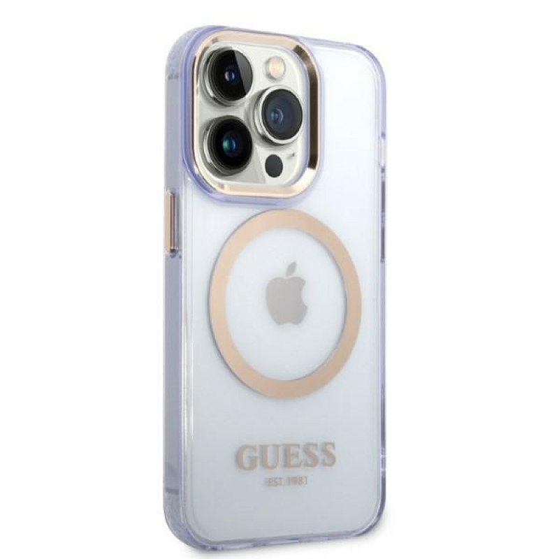 Guess GUHMP14XHTCMU Apple iPhone 14 Pro Max purple hard case, Gold Outline Translucent, MagSafe