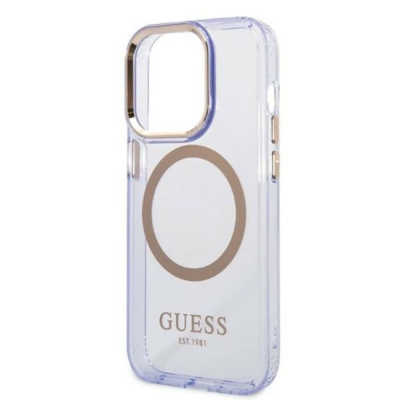 Guess GUHMP14XHTCMU Apple iPhone 14 Pro Max purple hard case, Gold Outline Translucent, MagSafe