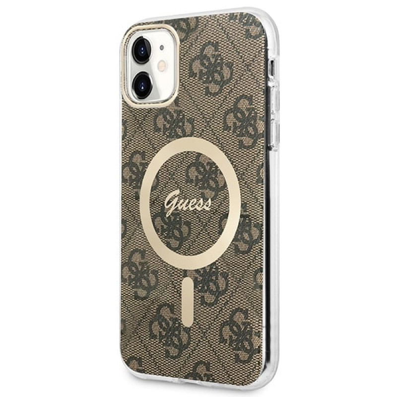 Guess GUBPN61H4EACSW Case + Wireless Charger for Apple iPhone 11, 4G Print, brown hard case, MagSafe
