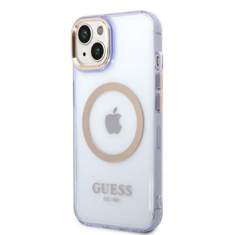 Guess GUHMP14SHTCMU Apple iPhone 14 purple hard case, Gold Outline Translucent, MagSafe