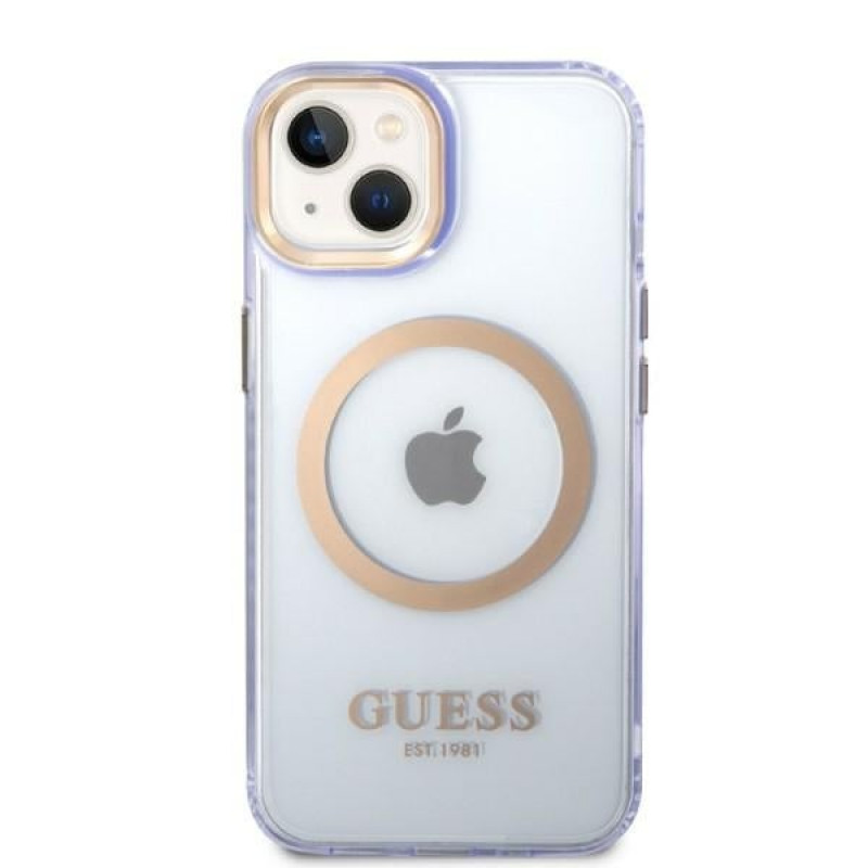 Guess GUHMP14SHTCMU Apple iPhone 14 purple hard case, Gold Outline Translucent, MagSafe