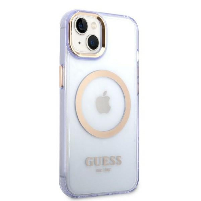Guess GUHMP14SHTCMU Apple iPhone 14 purple hard case, Gold Outline Translucent, MagSafe