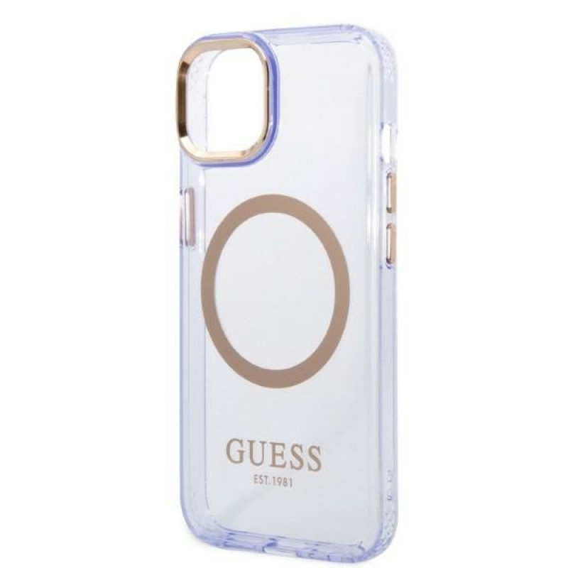 Guess GUHMP14SHTCMU Apple iPhone 14 purple hard case, Gold Outline Translucent, MagSafe