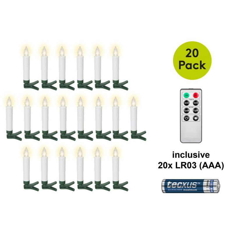 Goobay 75258 Wireless LED Christmas Tree Candles (20 pcs), incl. 20x AAA (LR03), clips, remote control, timer, dimmable, warm white (2600 K)