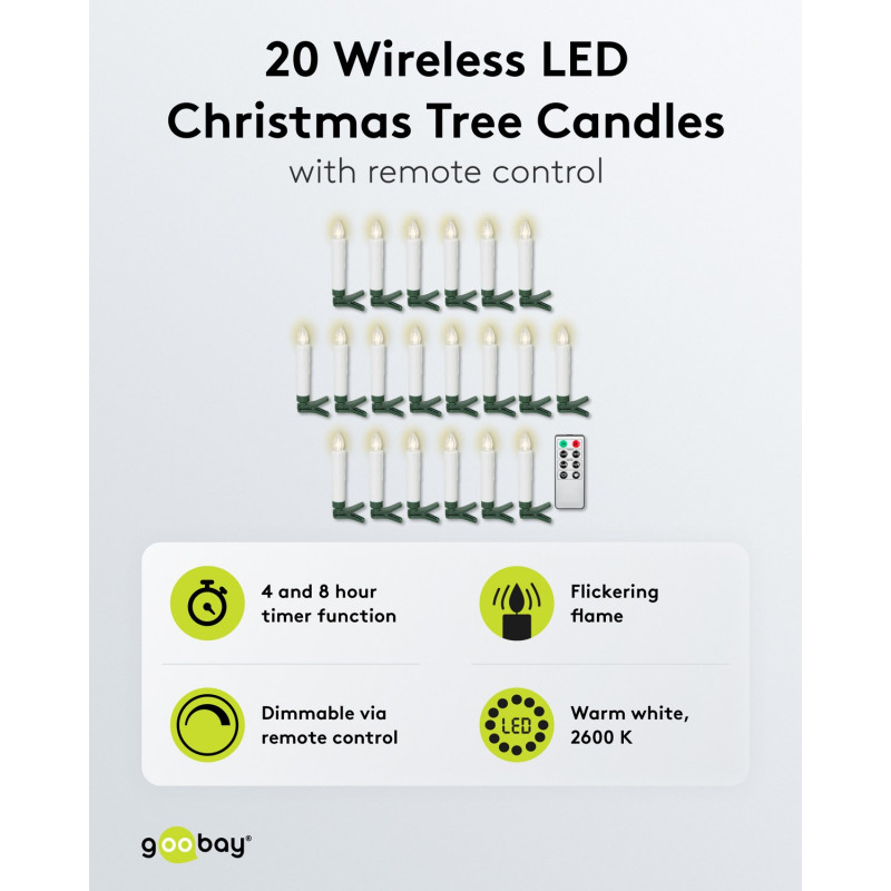 Goobay 75258 Wireless LED Christmas Tree Candles (20 pcs), incl. 20x AAA (LR03), clips, remote control, timer, dimmable, warm white (2600 K)