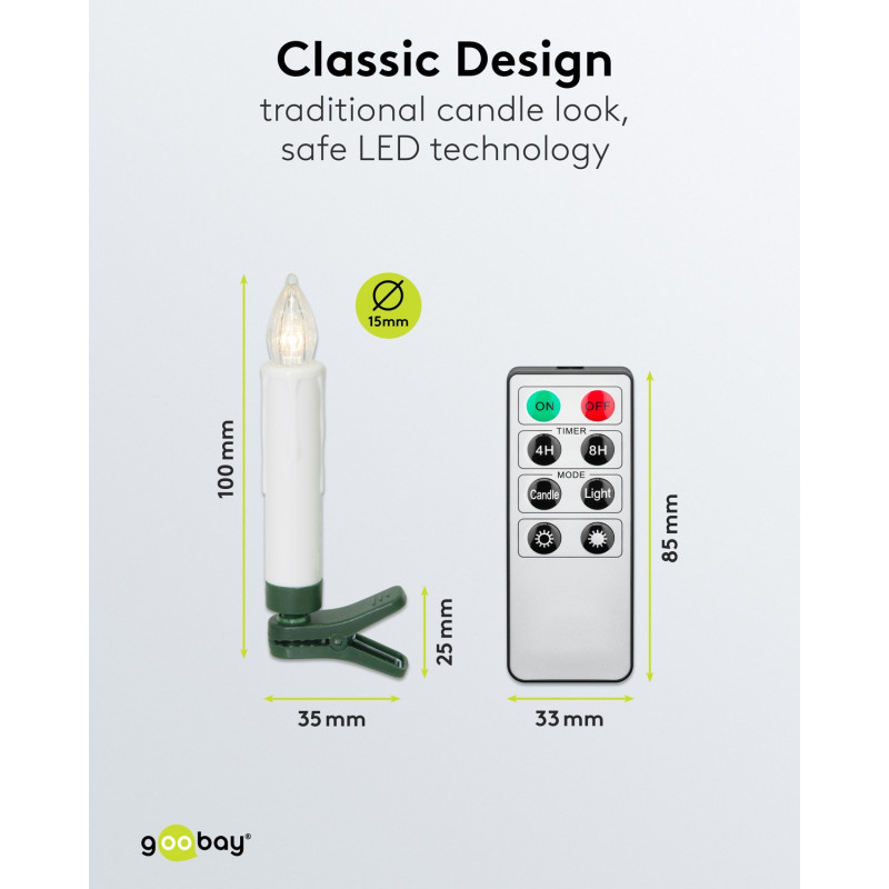 Goobay 75258 Wireless LED Christmas Tree Candles (20 pcs), incl. 20x AAA (LR03), clips, remote control, timer, dimmable, warm white (2600 K)