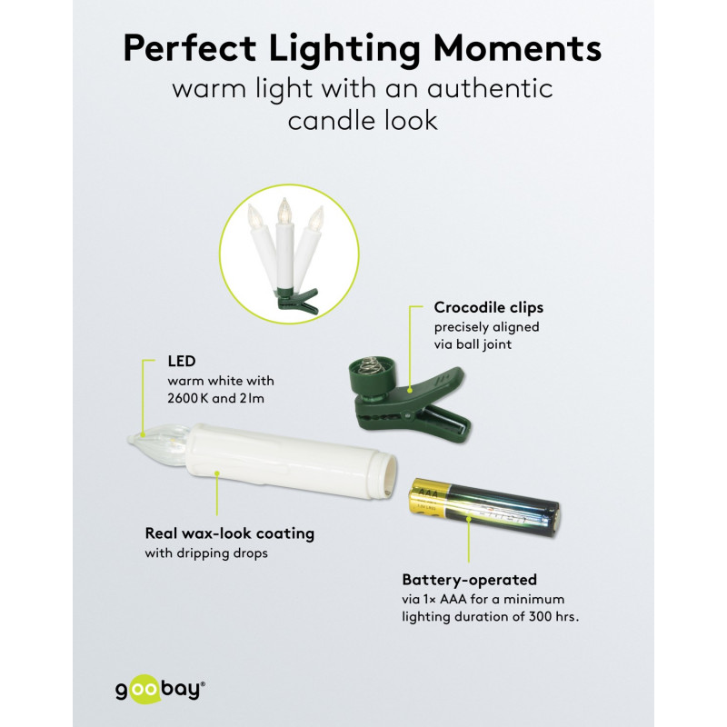 Goobay 75258 Wireless LED Christmas Tree Candles (20 pcs), incl. 20x AAA (LR03), clips, remote control, timer, dimmable, warm white (2600 K)